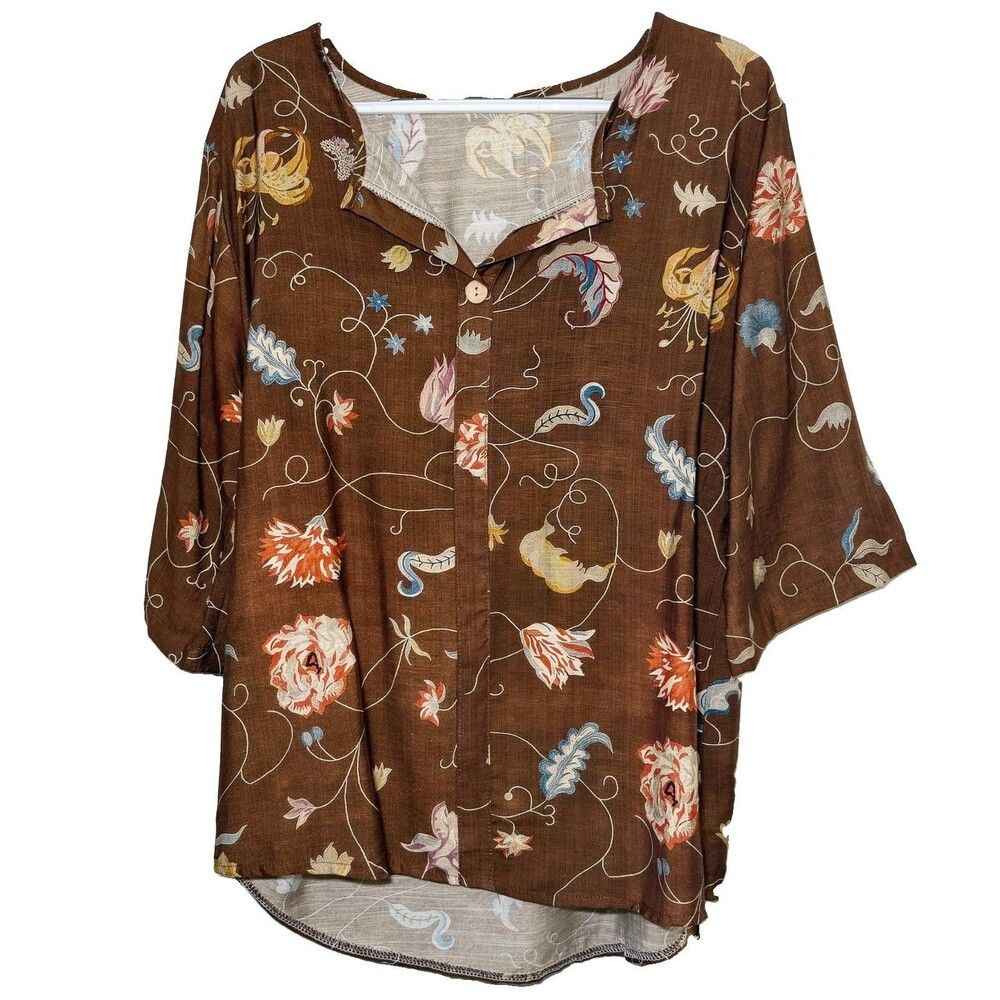 CherryBetty Women’s Medium Brown Floral 100% Cotton Blouse 3/4 Sleeve NWT
